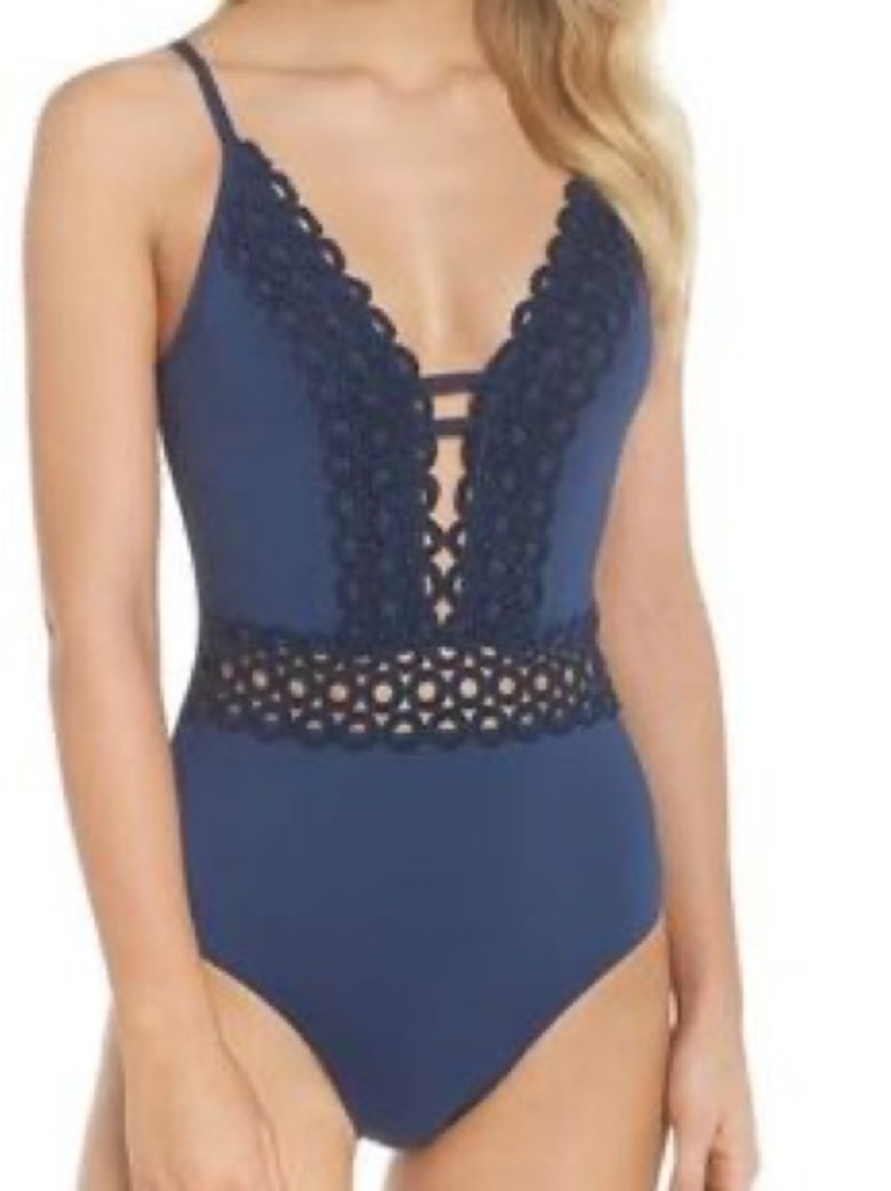 BECCA Siren Plunge Embroidered Ringlet One Piece Blue Swimsuit Size M